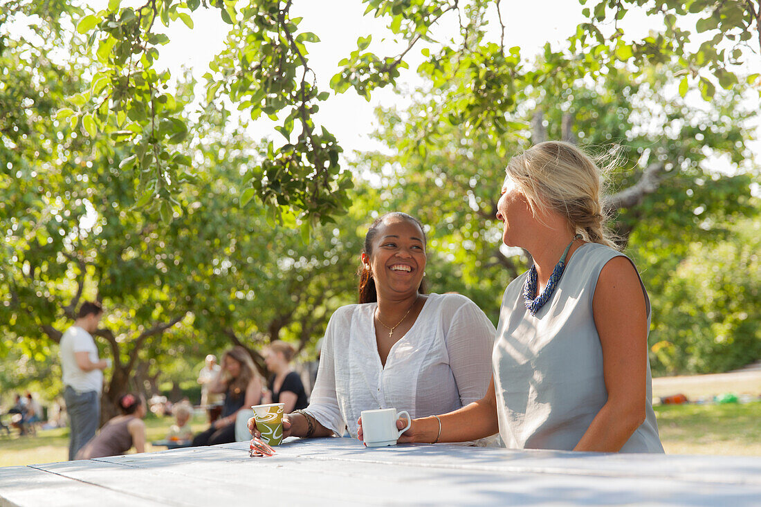 Women relaxing with tea at table in park