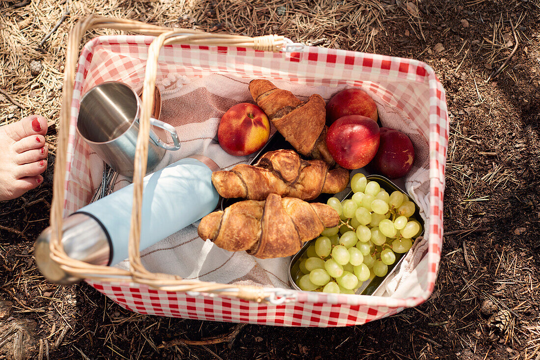 Croissants und frisches Obst im Picknickkorb