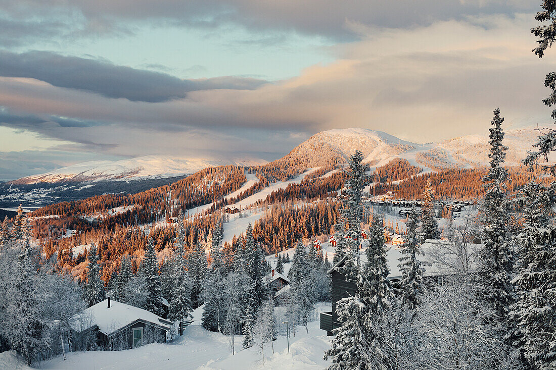 Winterlandschaft mit Hütten und verschneitem Wald