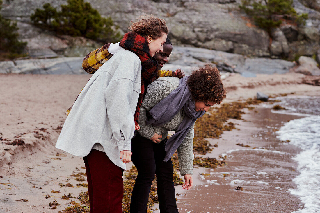 Group of friends collecting seashells on beach