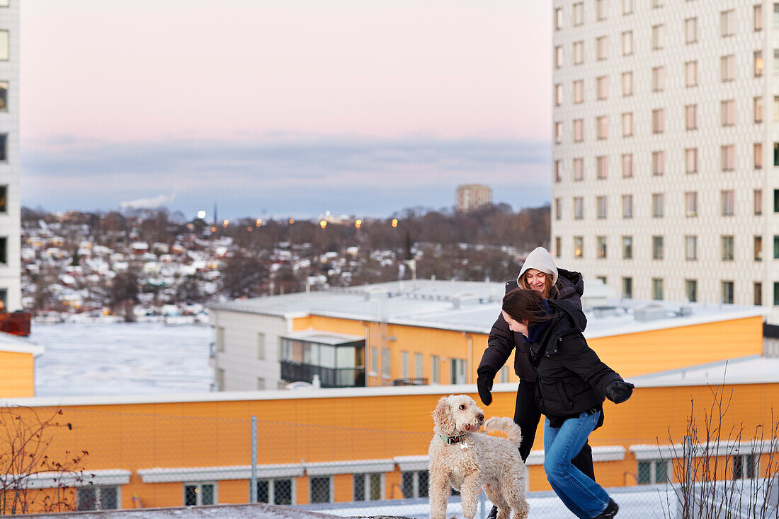 Weibliches Paar geht mit Hund in moderner Nachbarschaft spazieren