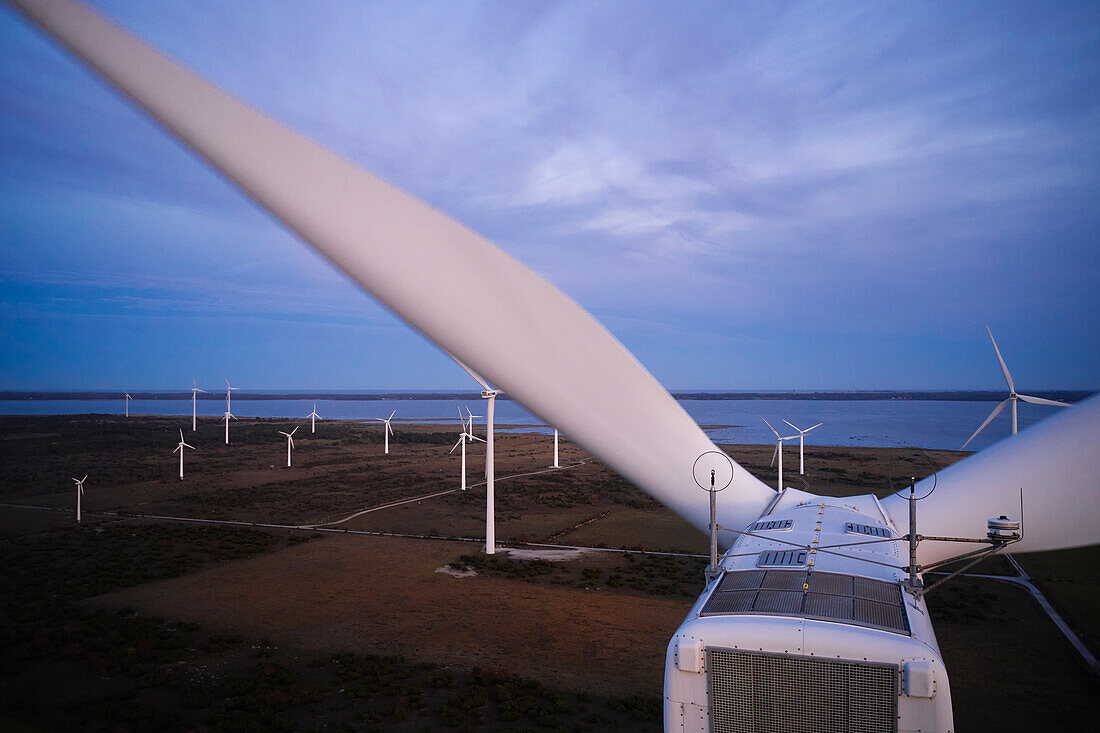 View of wind turbines at coast