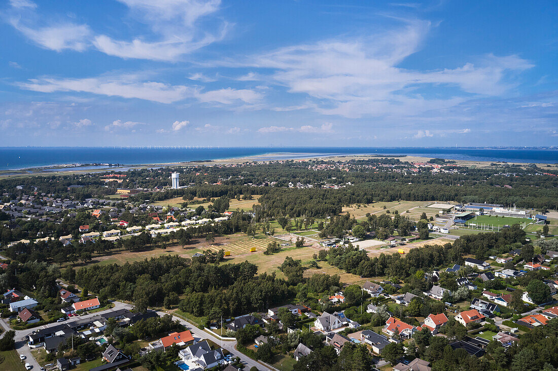 High angle view of houses at coast