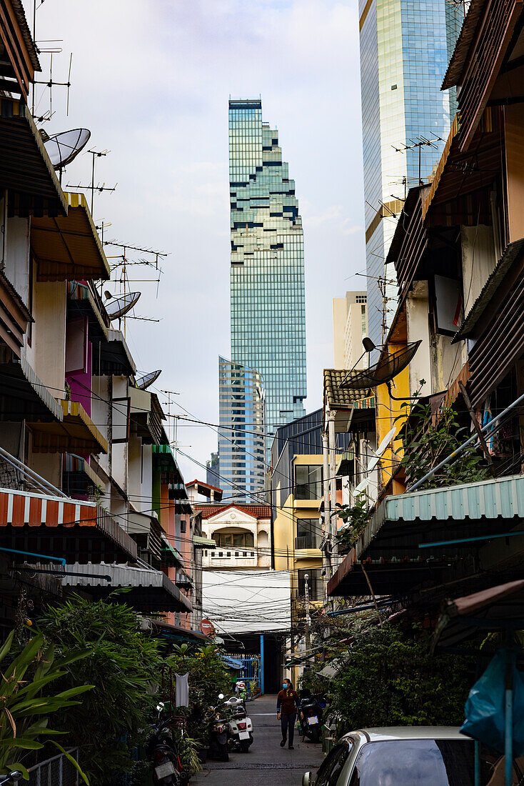 Residential district with skyscrapers in background