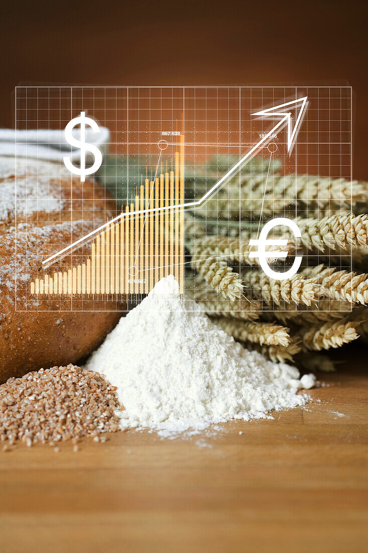 Financial chart and grain bread and flour