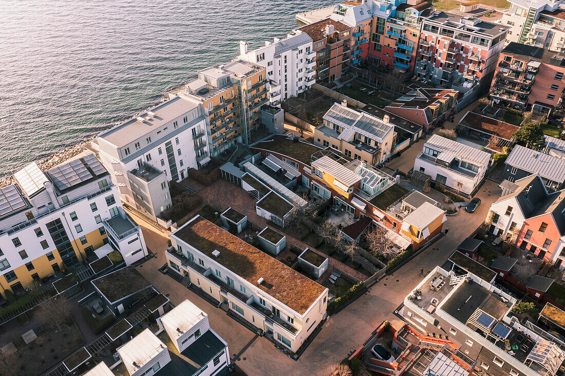 Aerial view of residential buildings on sea coast
