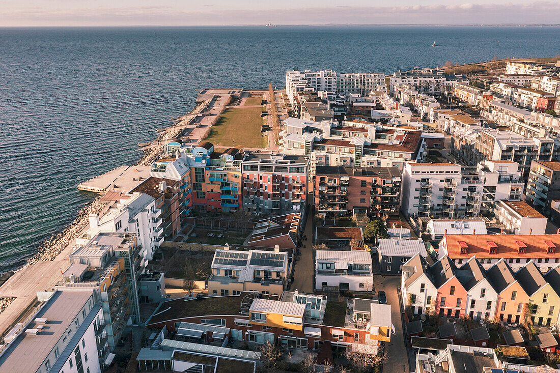 Aerial view of residential buildings on sea coast