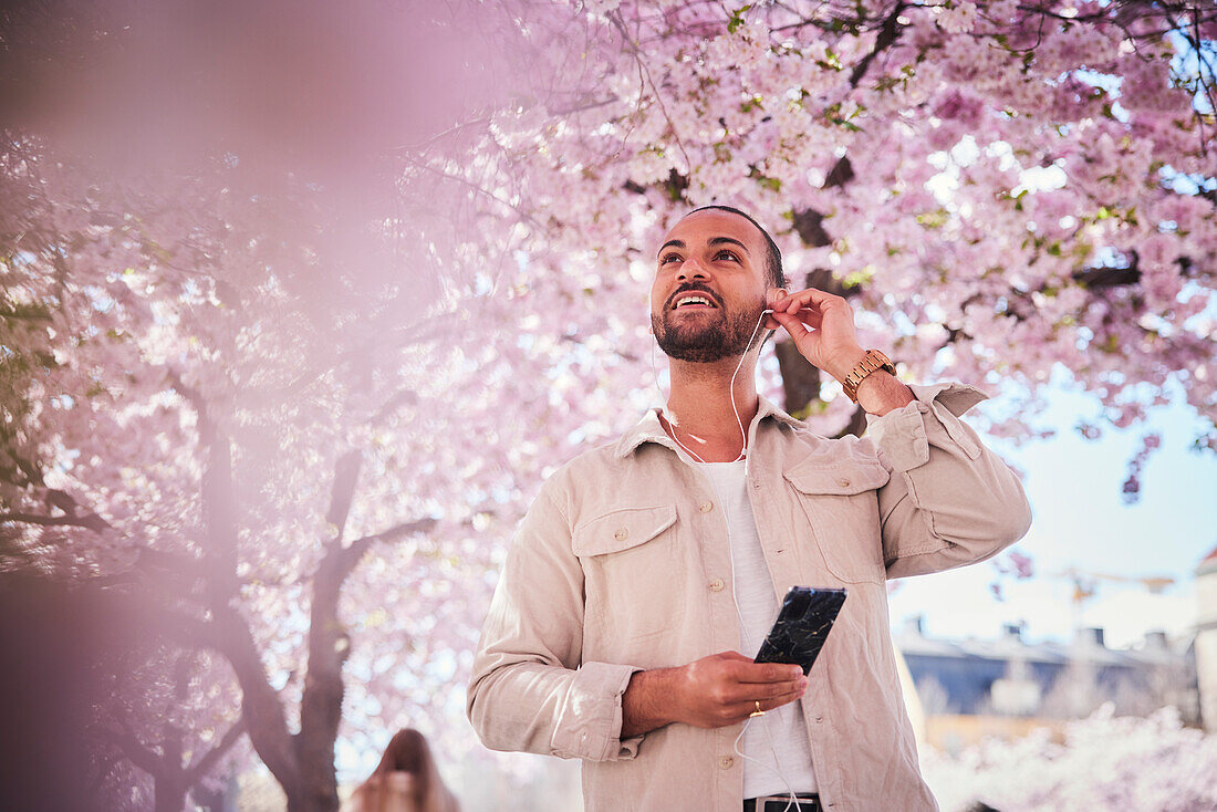 Young man standing under cherry blossom and using phone