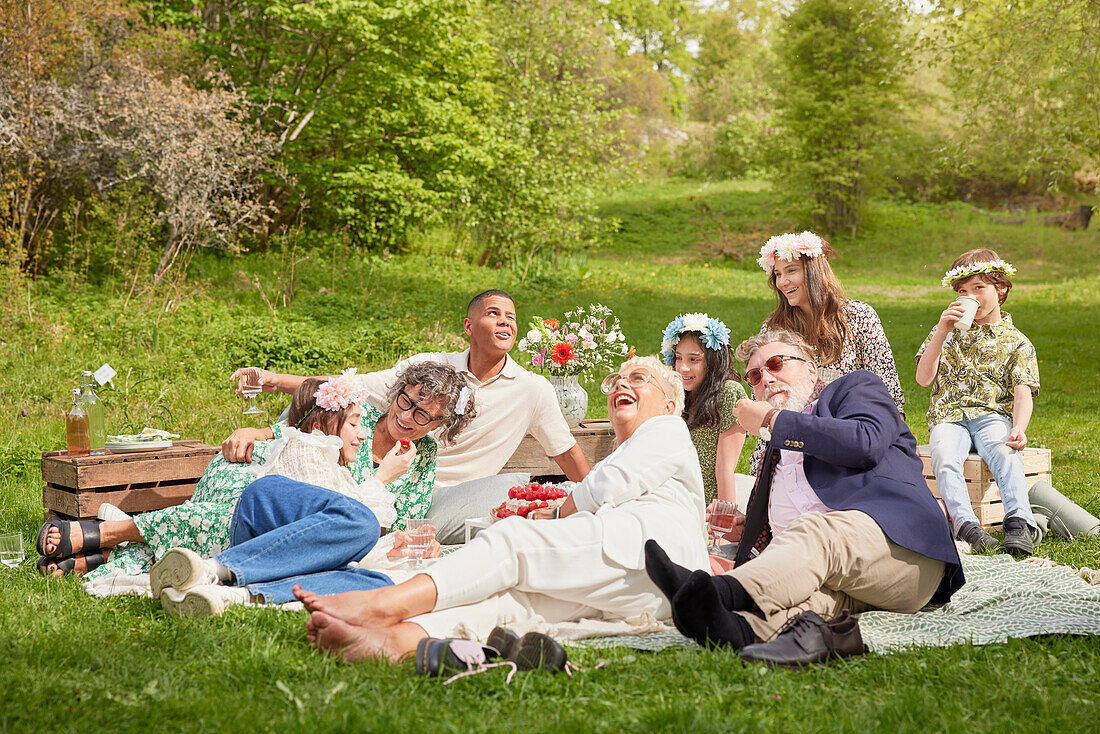 Family having picnic on grass