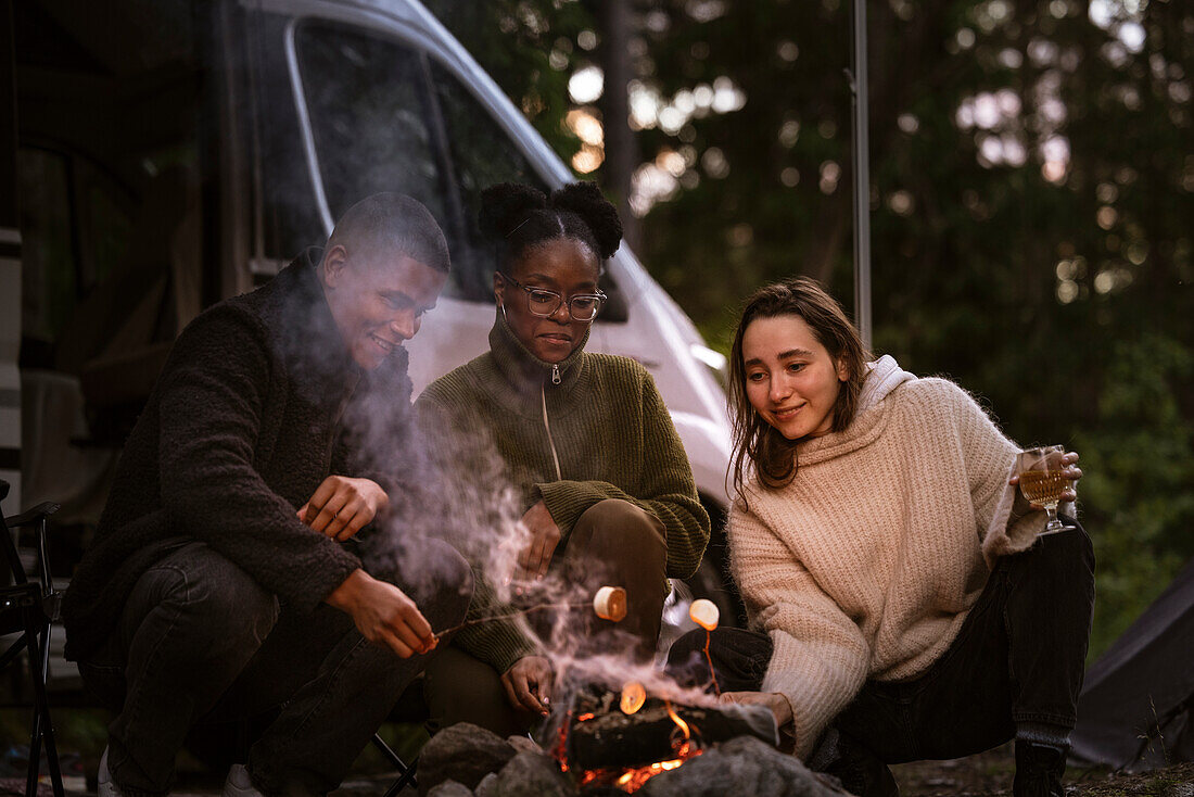 Friends roasting marshmallow over campfire