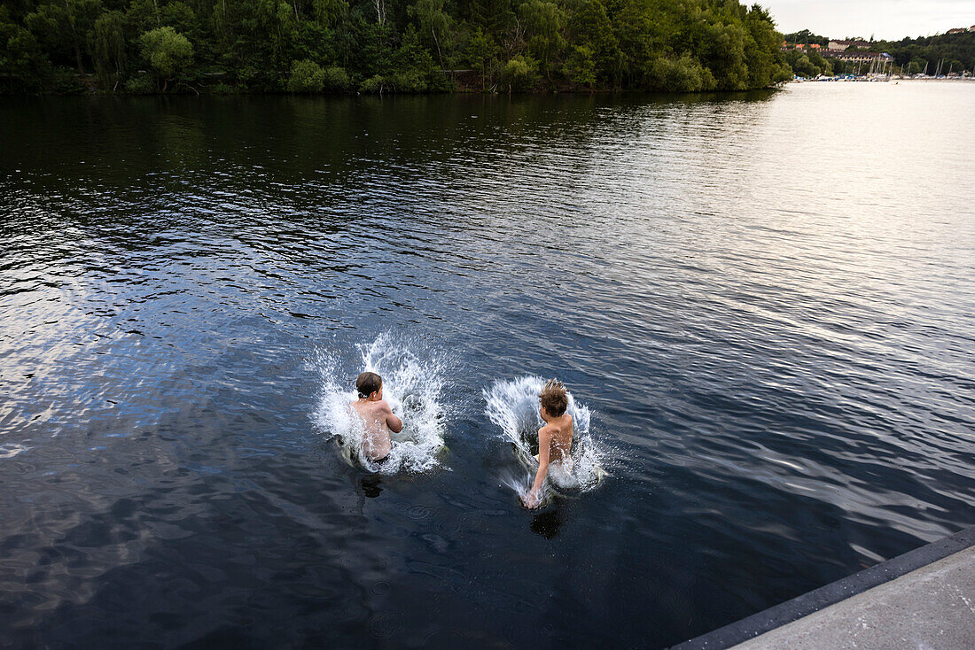 Brüder springen in den See