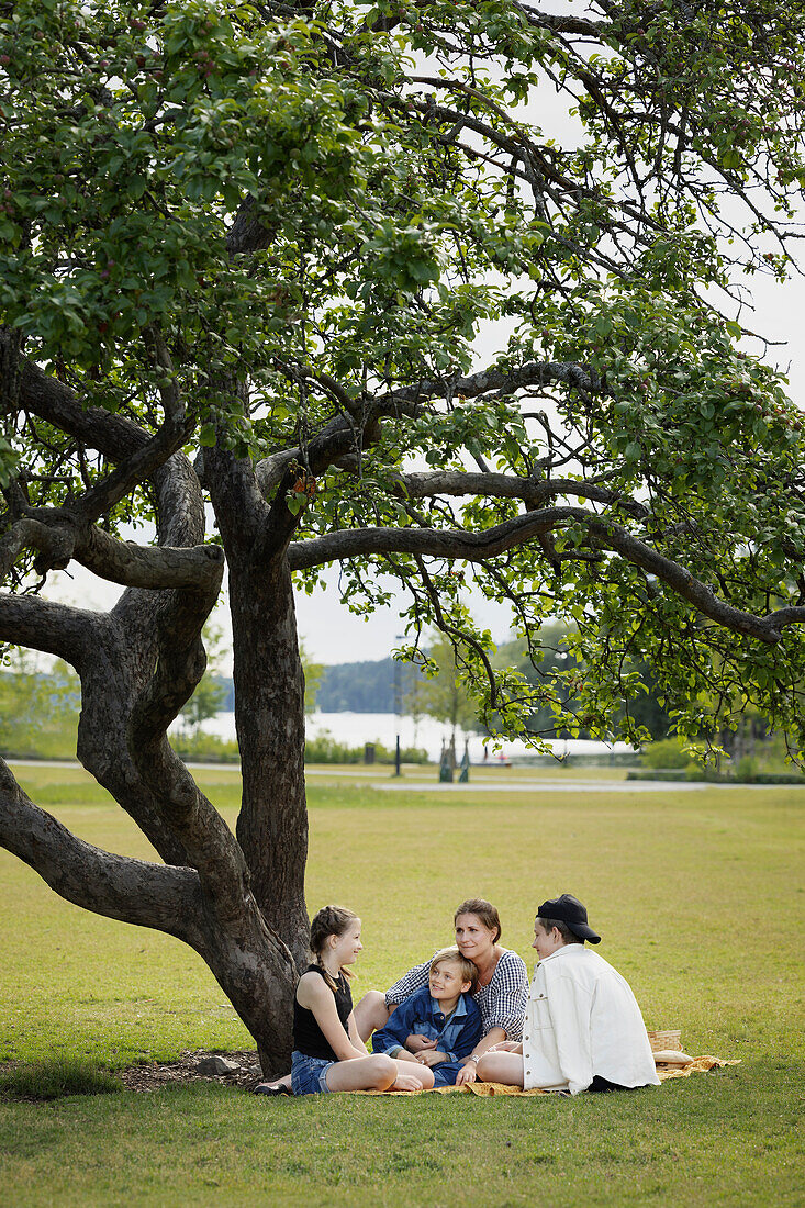 Mother having picnic with children