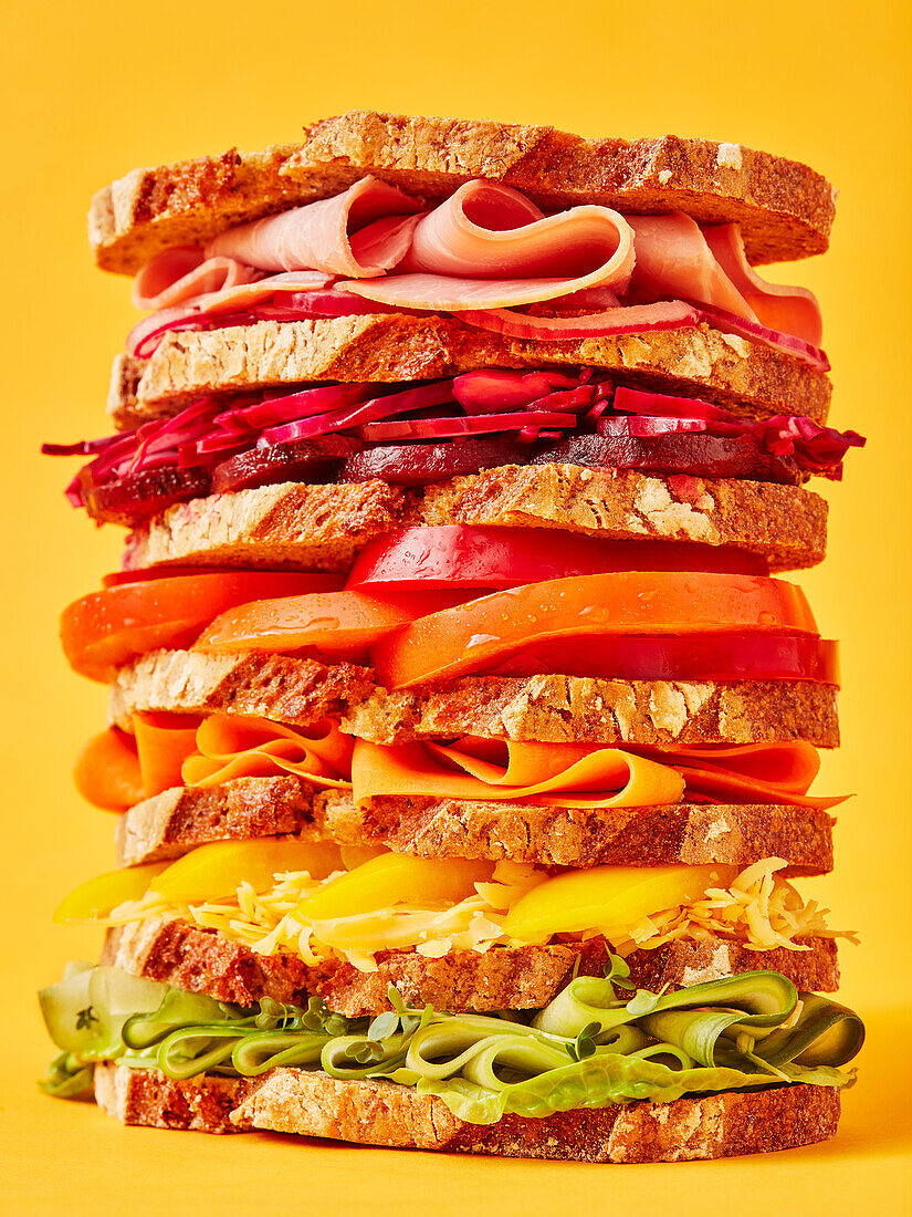 Giant rainbow sandwich against a yellow background