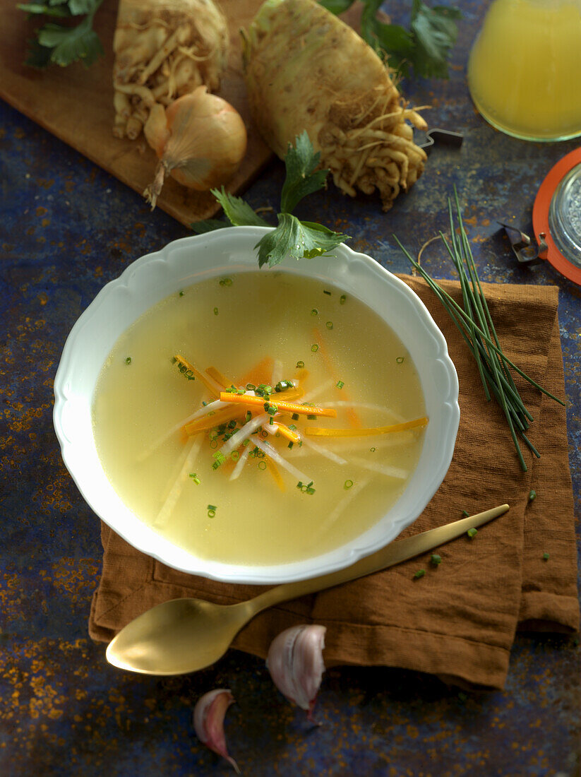 Celeriac broth with julienne vegetables