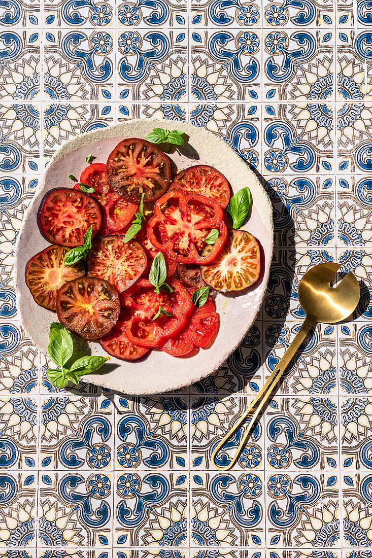 Heirloom Tomato Salad on Portuguese Tiled Surface