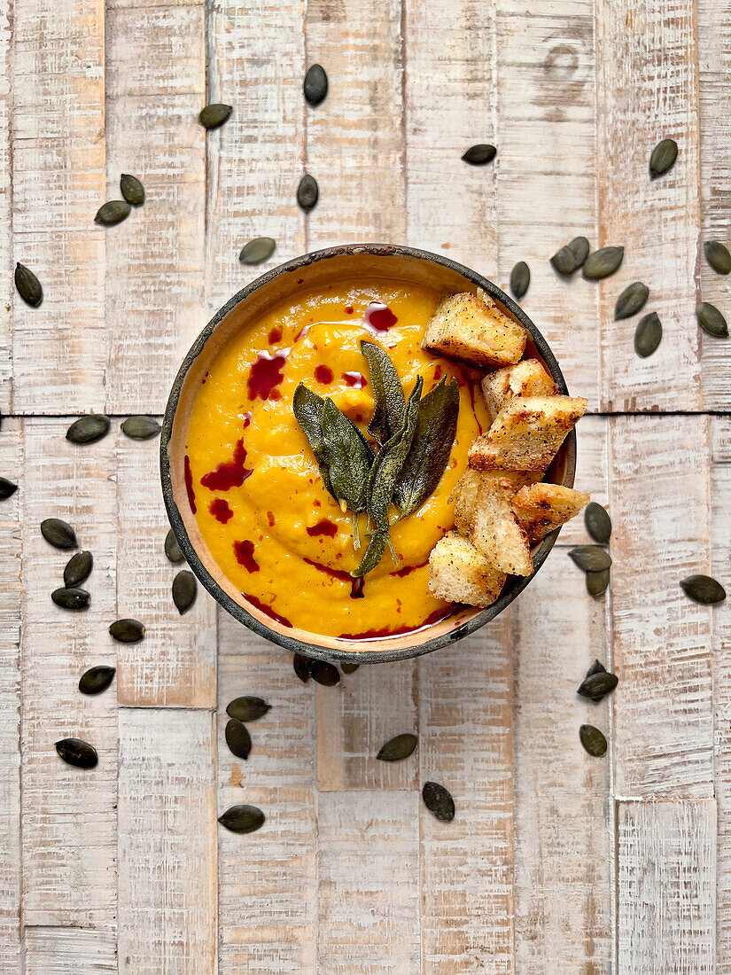 Vegan pumpkin soup with fried sage and croutons