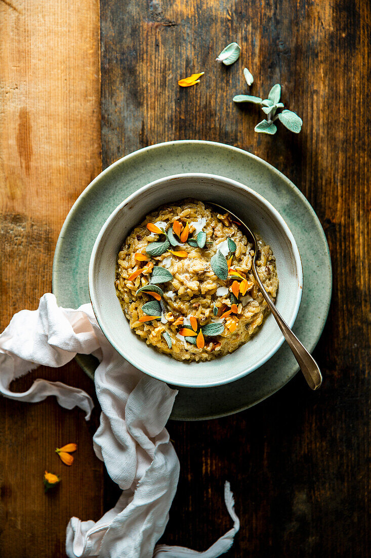 Porcini mushroom risotto with sage and walnuts