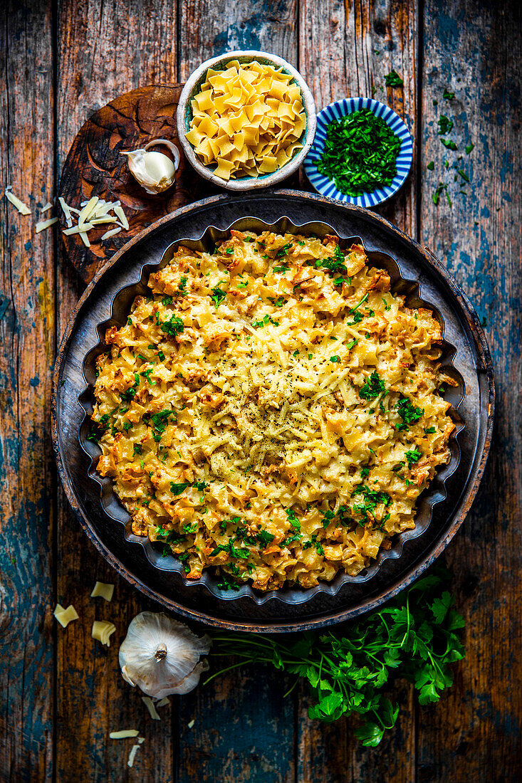 Vegan noodle, tofu and 'ham' bake