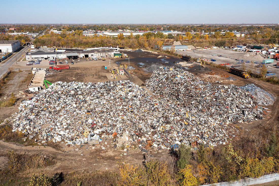 Metal recycling scrap yard, aerial photograph