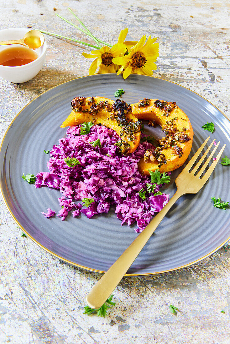 Baked pumpkin with red cabbage salad