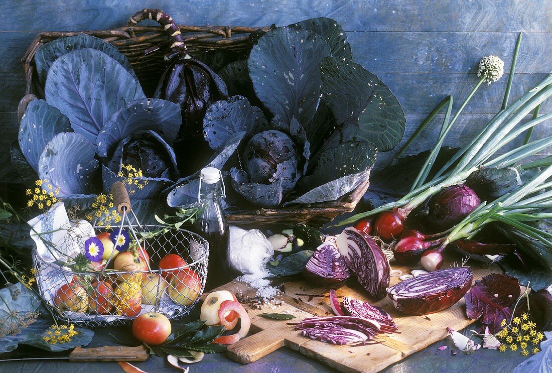 Still life with red cabbage and apple