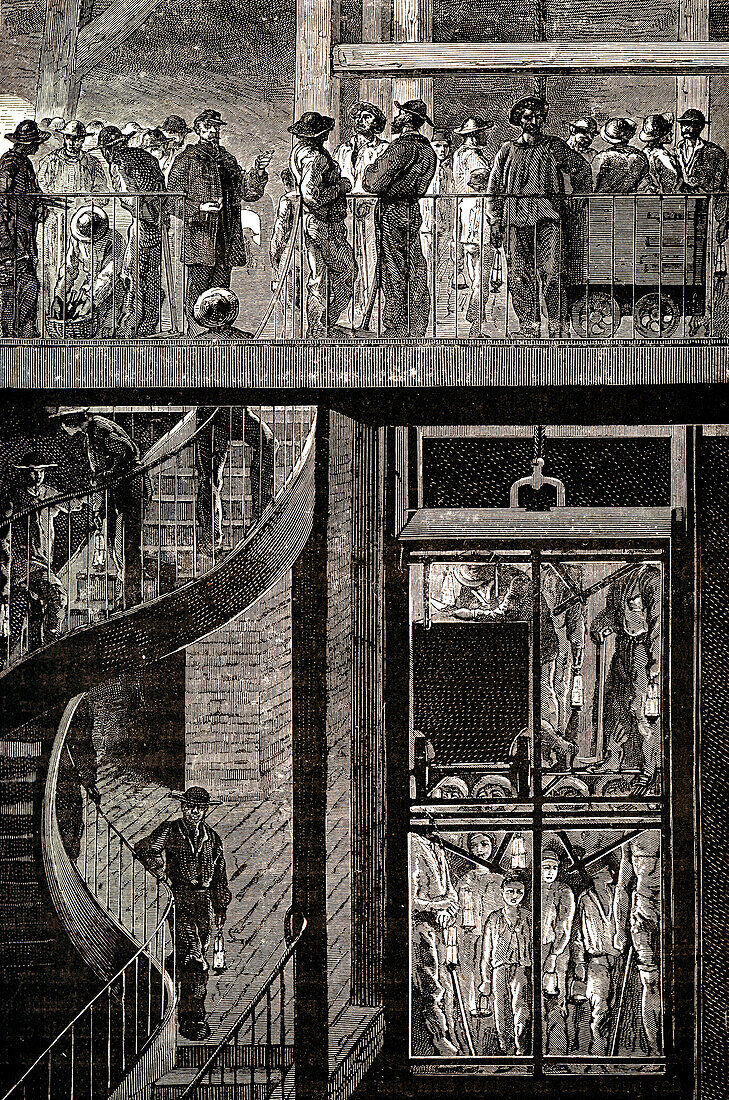 Coal mine shaft, 19th century illustration