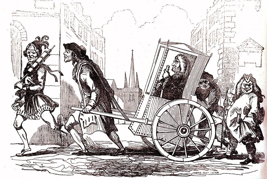 Doctor travelling to visit the sick, satirical illustration