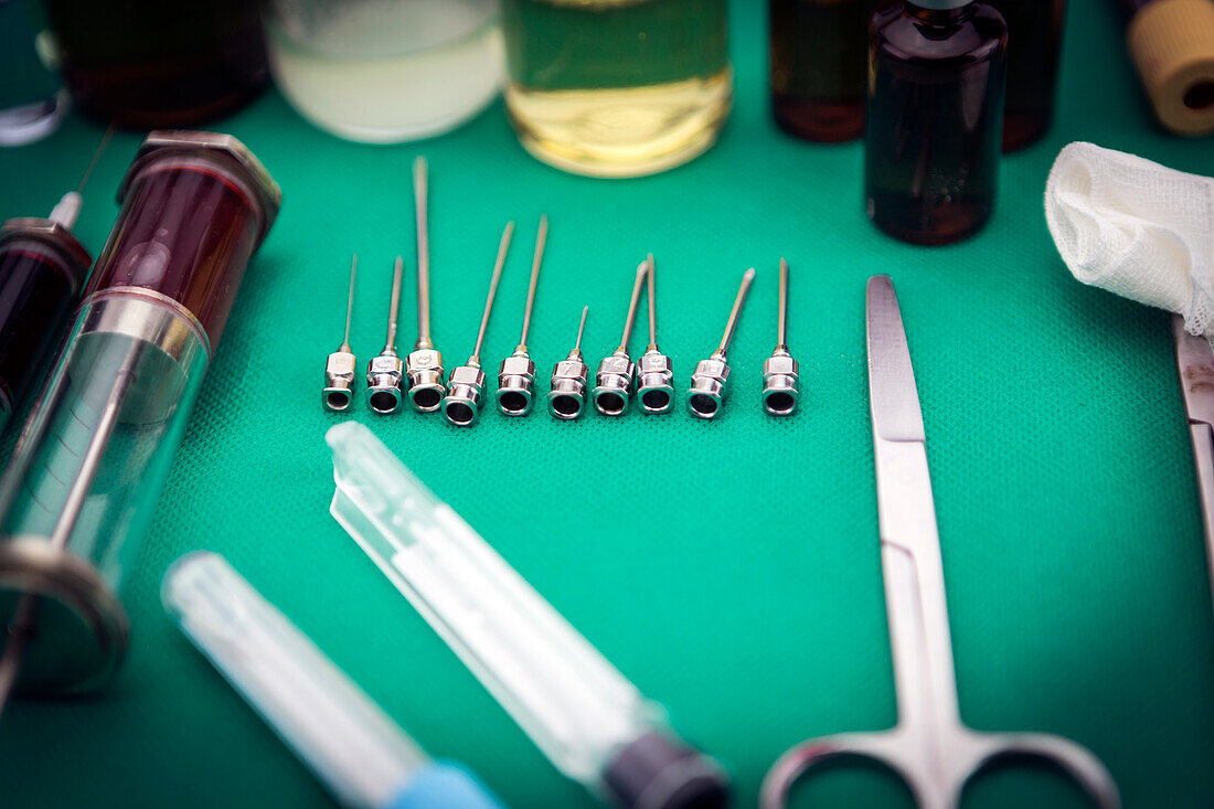 Needles next to syringes on a table