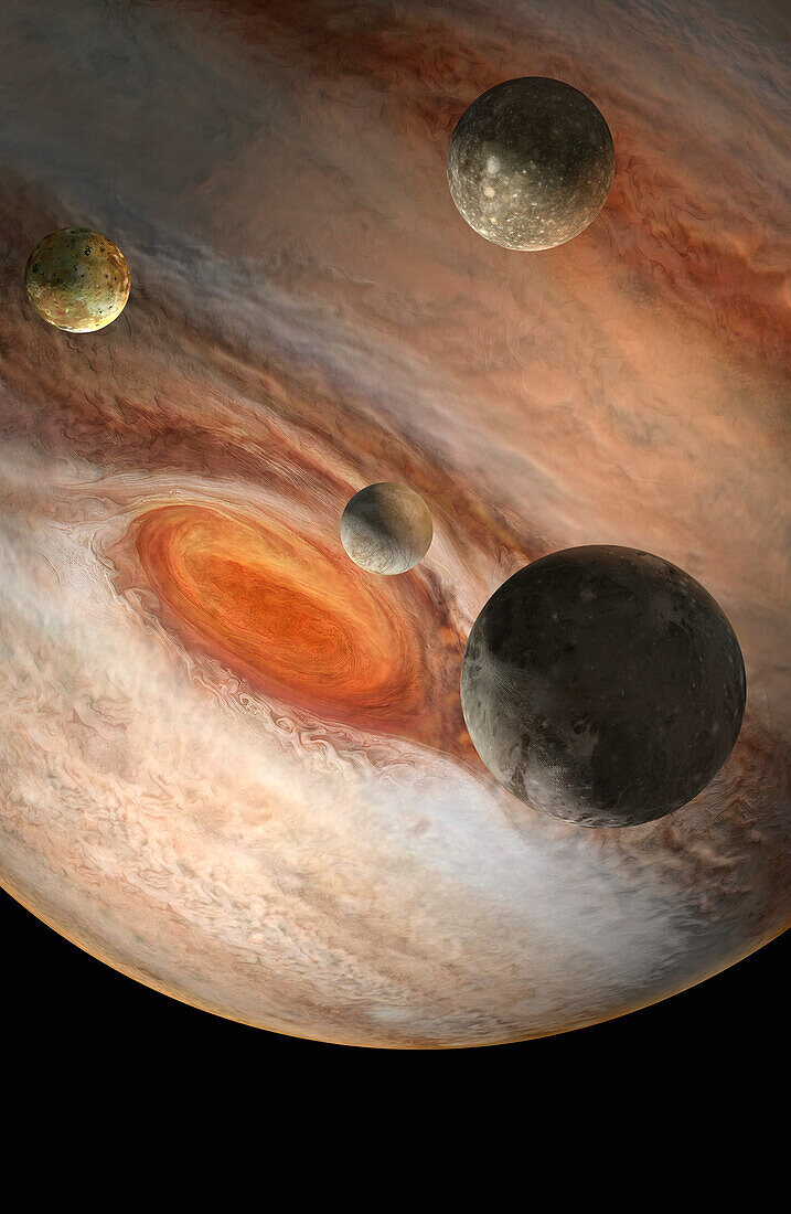 Jupiter and moons, illustration