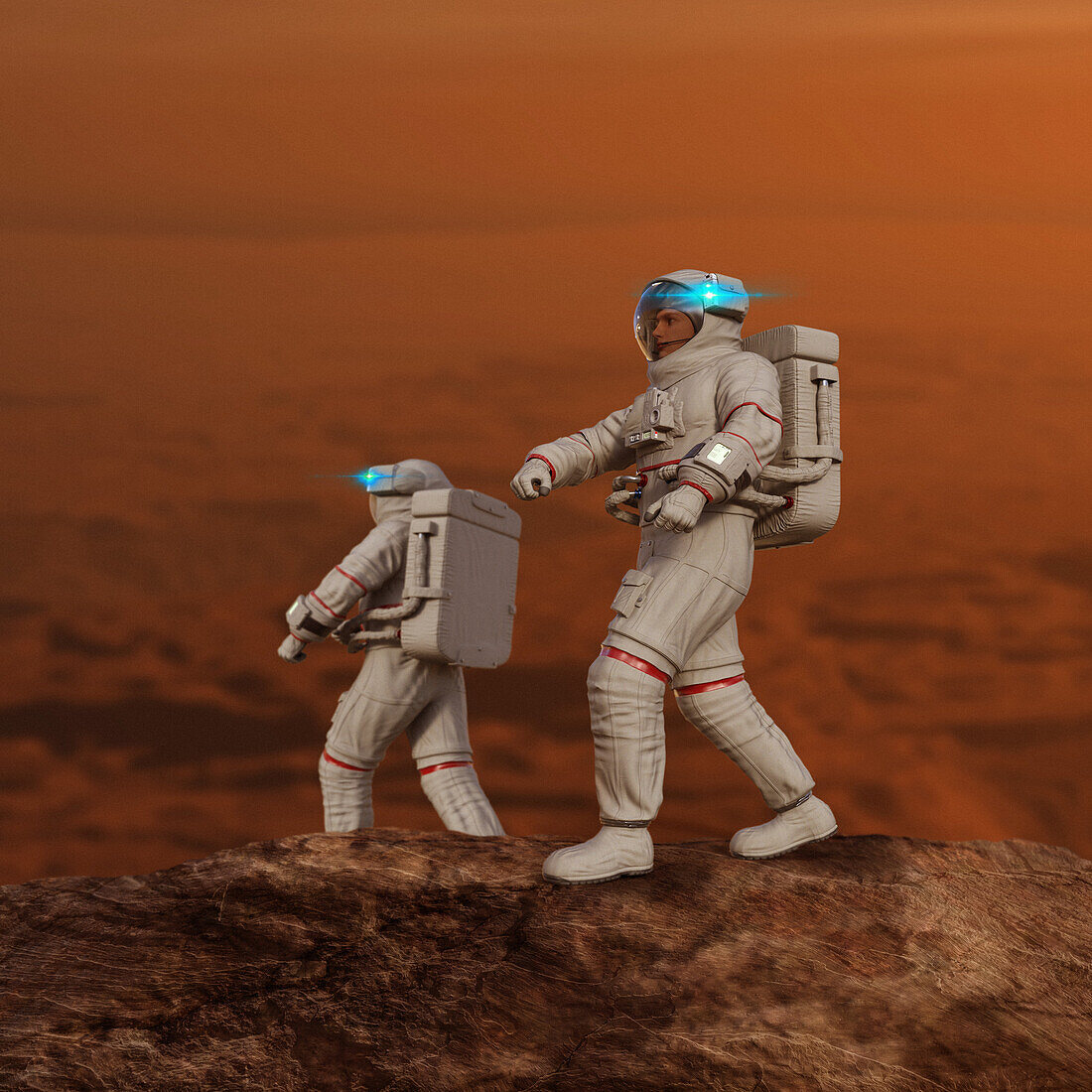 Astronauts walking on the surface of Mars, illustration
