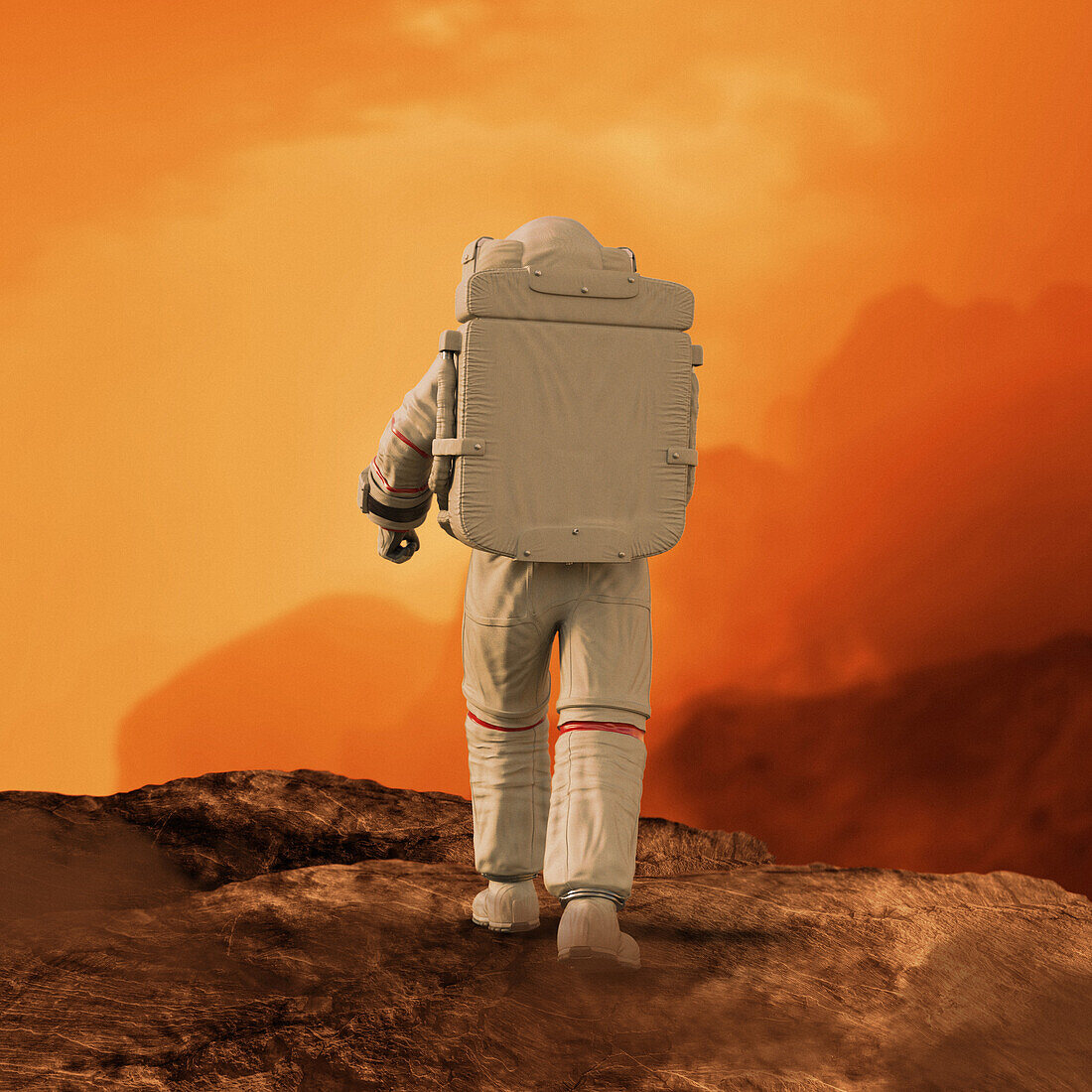 Astronaut walking on the surface of Mars, illustration