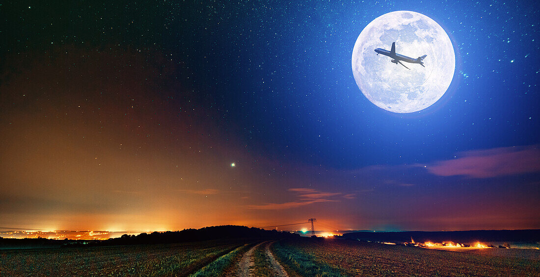 Plane in front of full Moon
