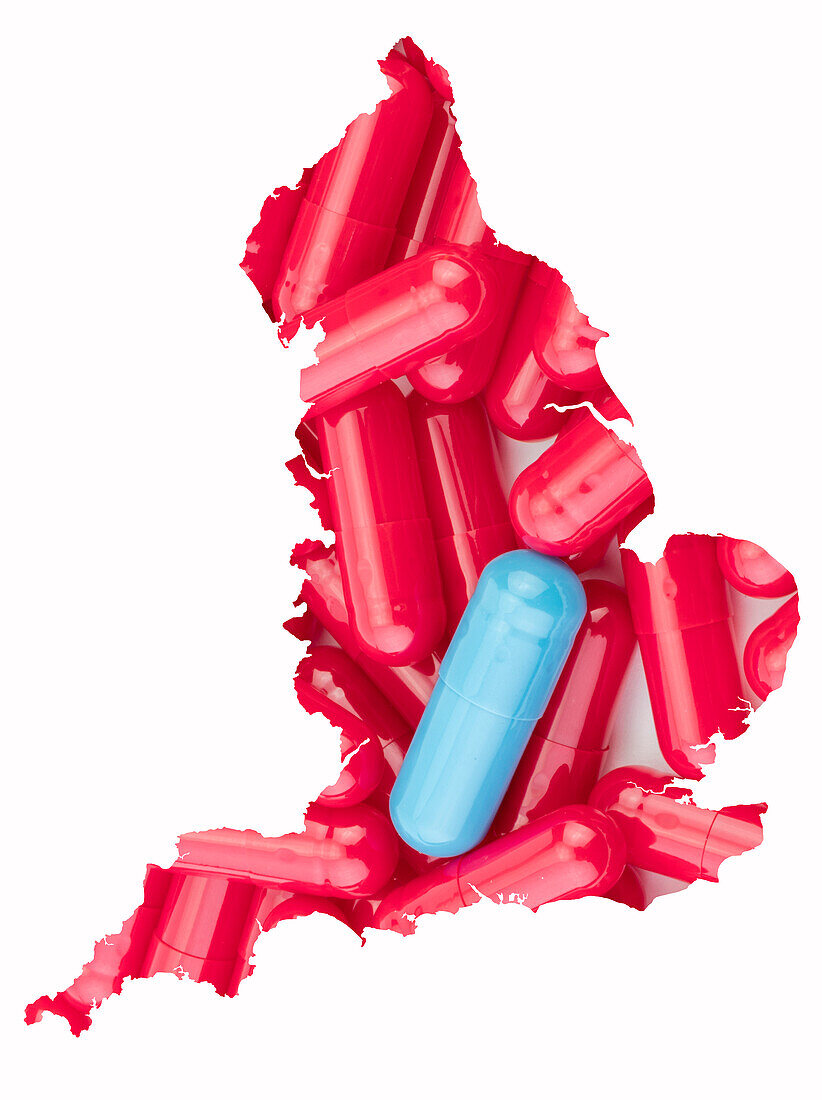 Map of the UK made of medication, conceptual image