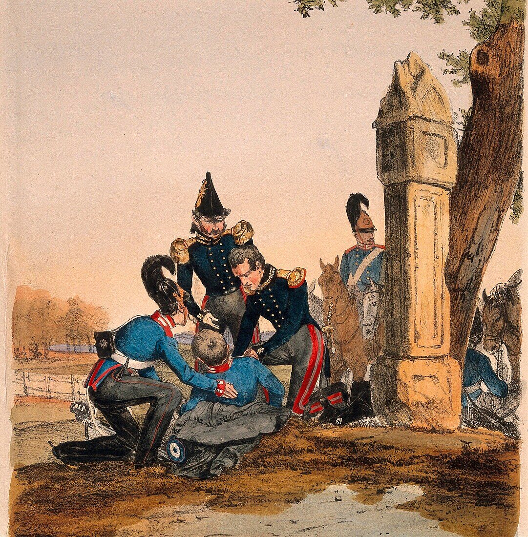 Wounded soldier, 19th century illustration