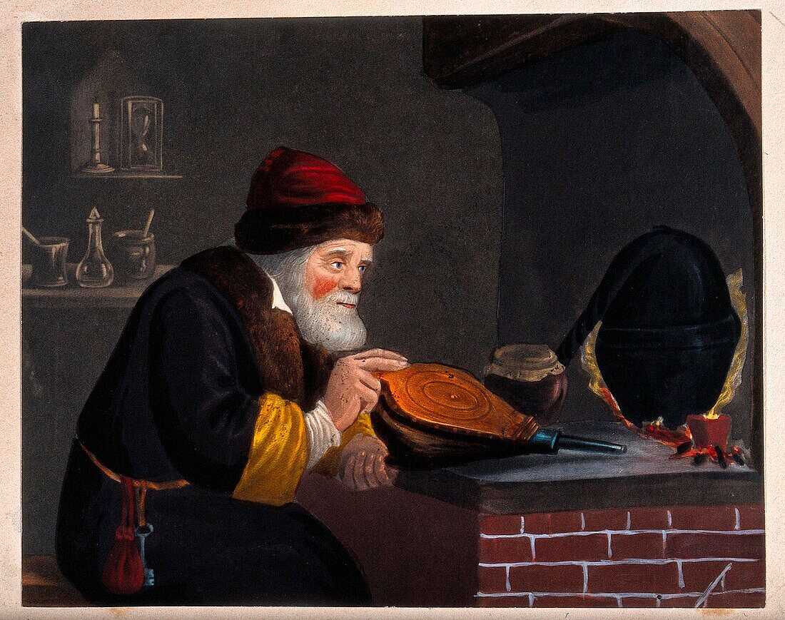 Alchemist at work, 17th century illustration