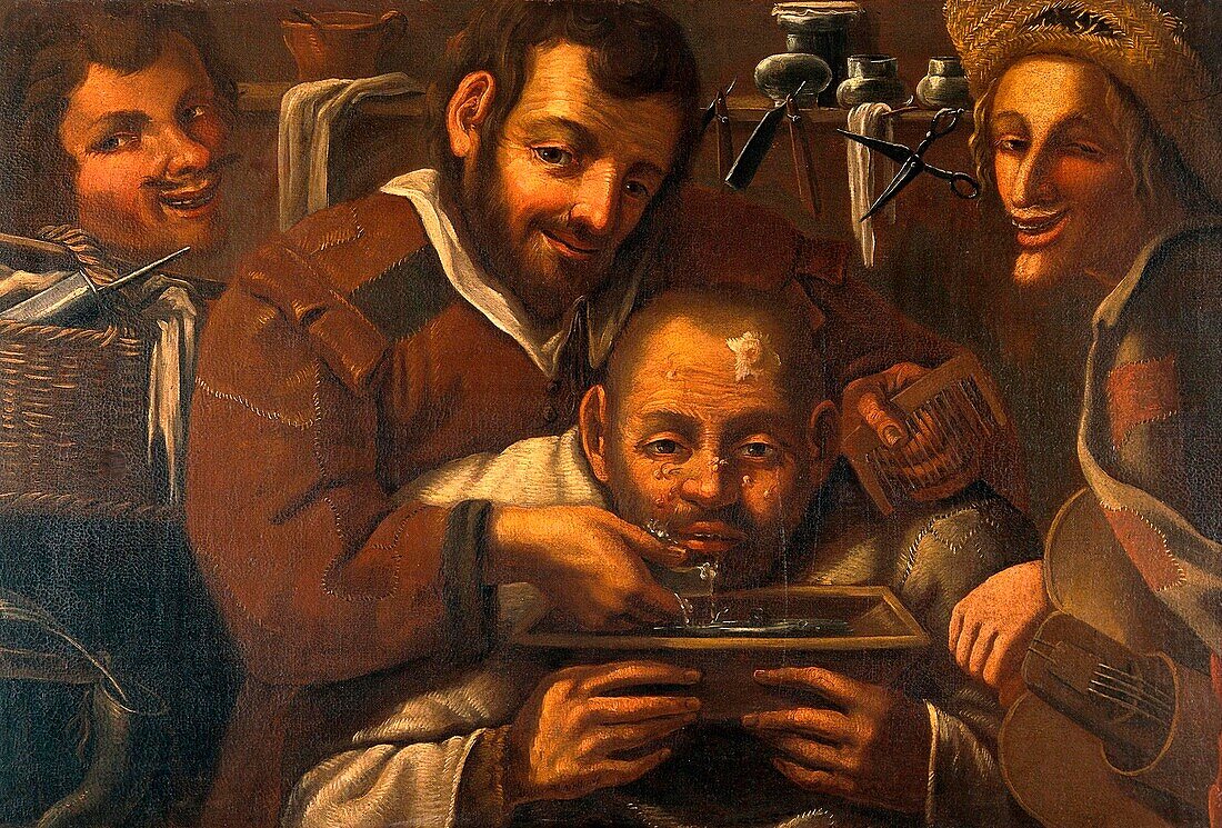 Barber-surgeon operating on man, illustration