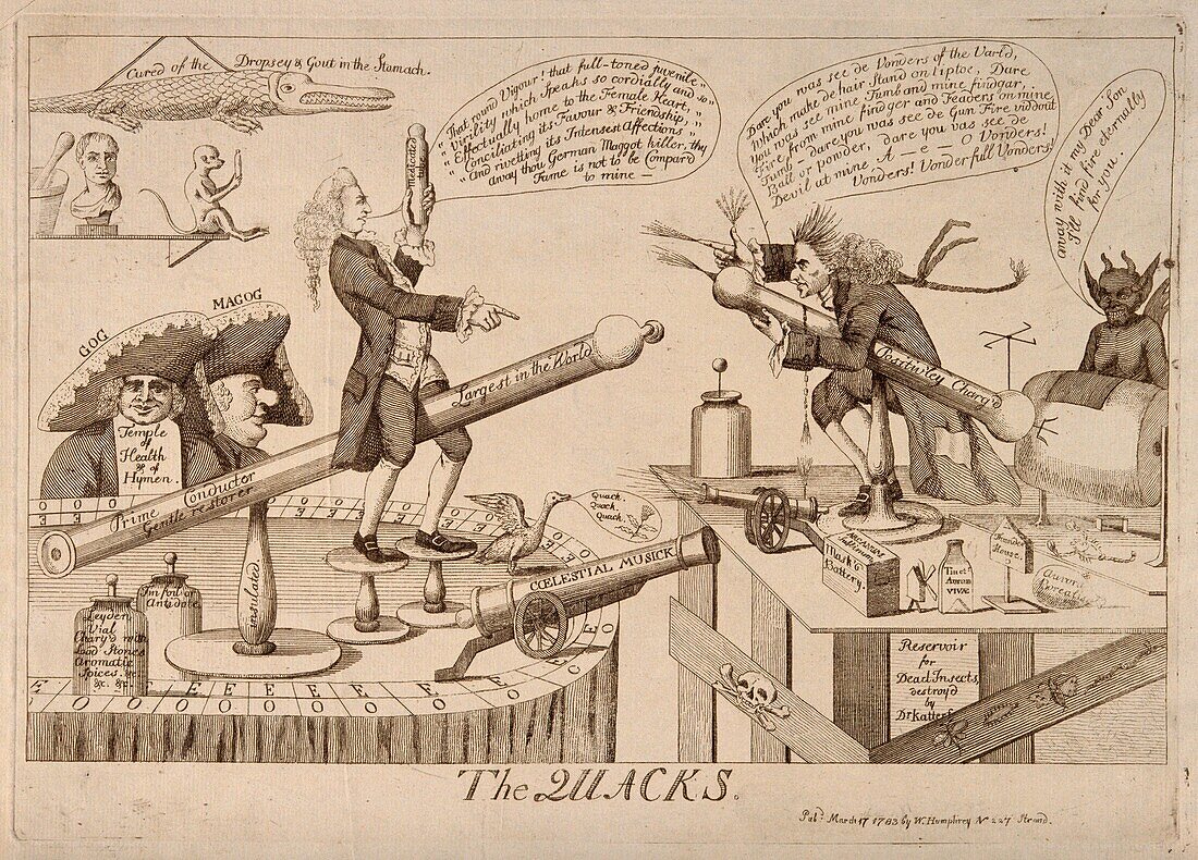 Battle of the quacks, 18th century illustration