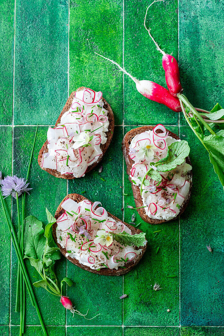 Radish cream cheese toast