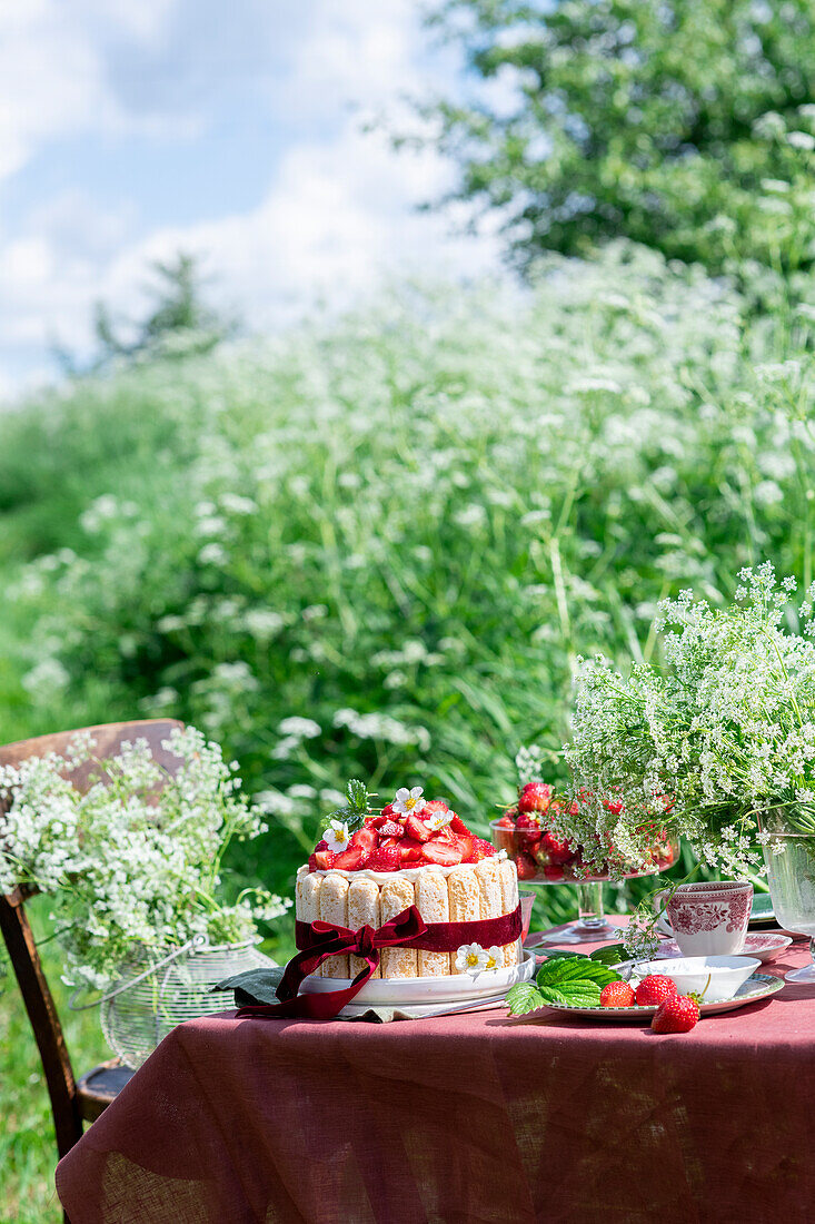 Erdbeer-Tiramisu-Torte auf Tisch im Freien