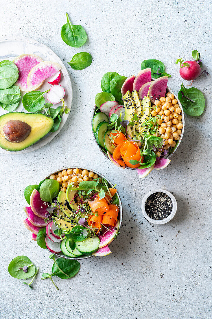 Bowl salads with watermelon radish