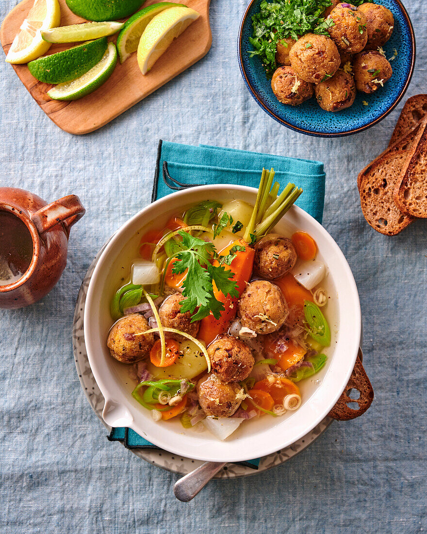 Vegetarian pot au feu with smoked tofu balls