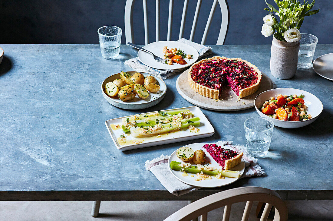 Beetroot tart with new potatoes and salads