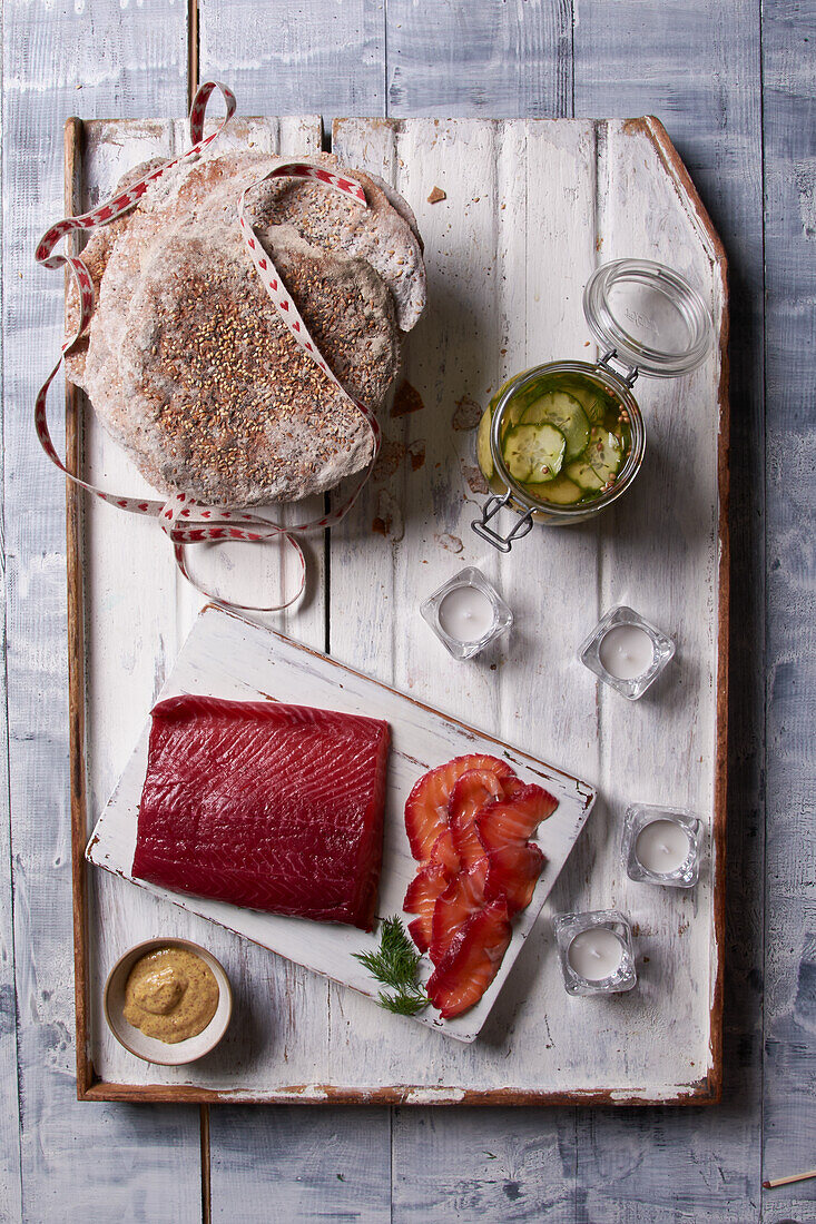 Marinated salmon, rustic bread and pickled cucumber