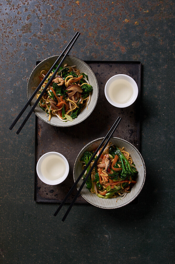 Asian vegetable mushroom noodle bowls