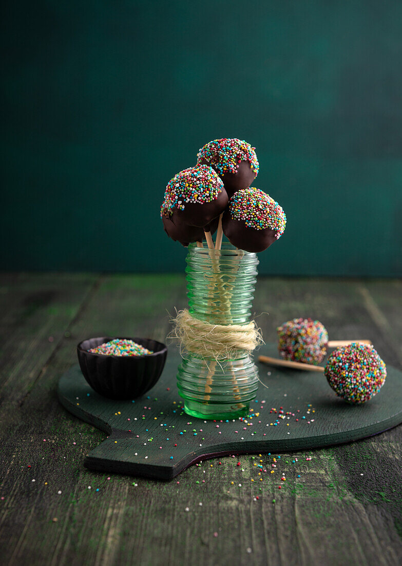 Vegan vanilla cake pops with chocolate icing and colored sprinkles