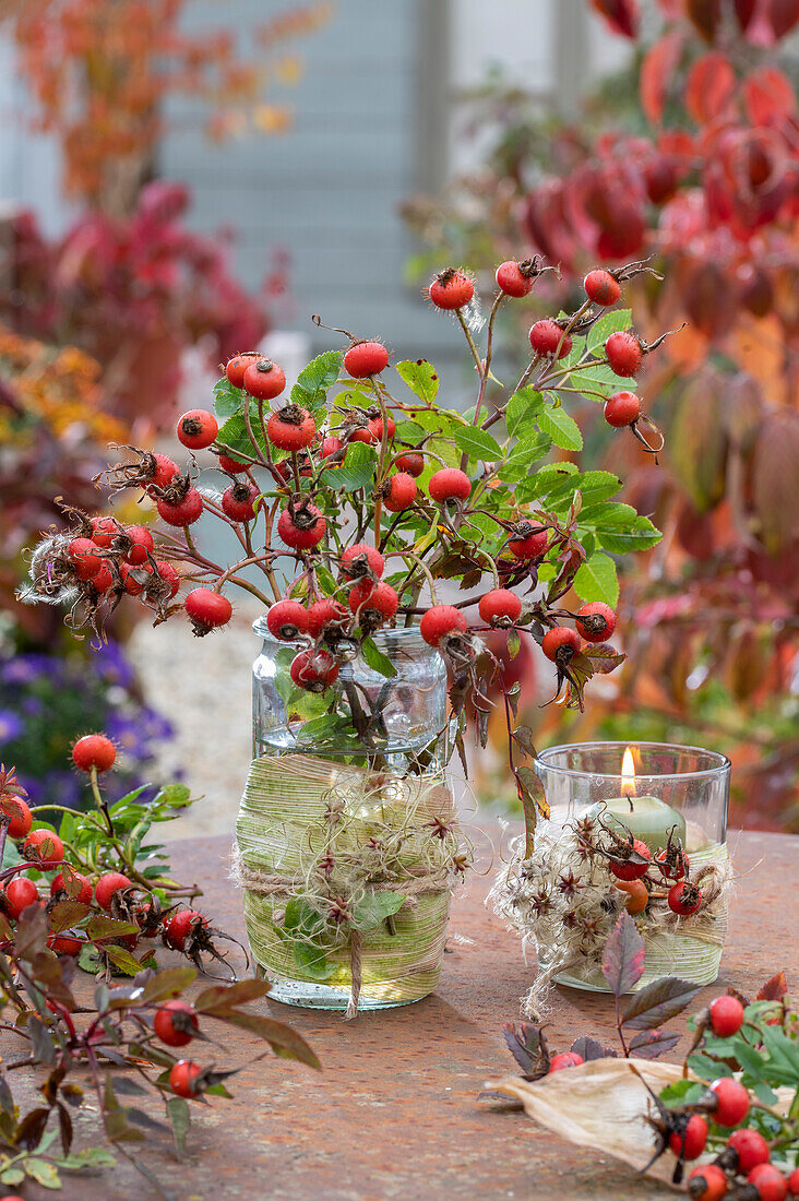 Autumn rosehip bouquet and lantern