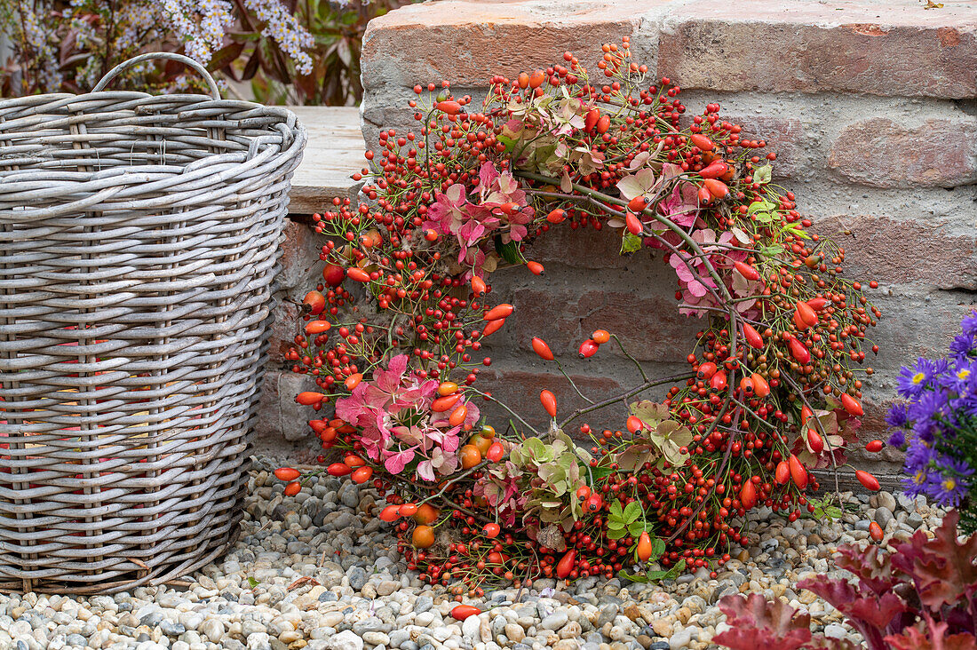 Herbstkranz aus Clematiszweigen und Hagebutten