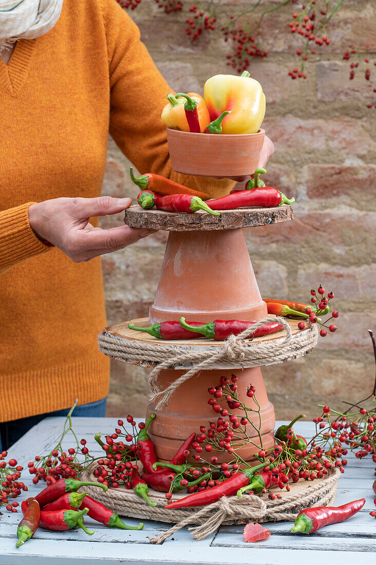 Homemade cake stand made of clay pots and wooden discs with rose hips