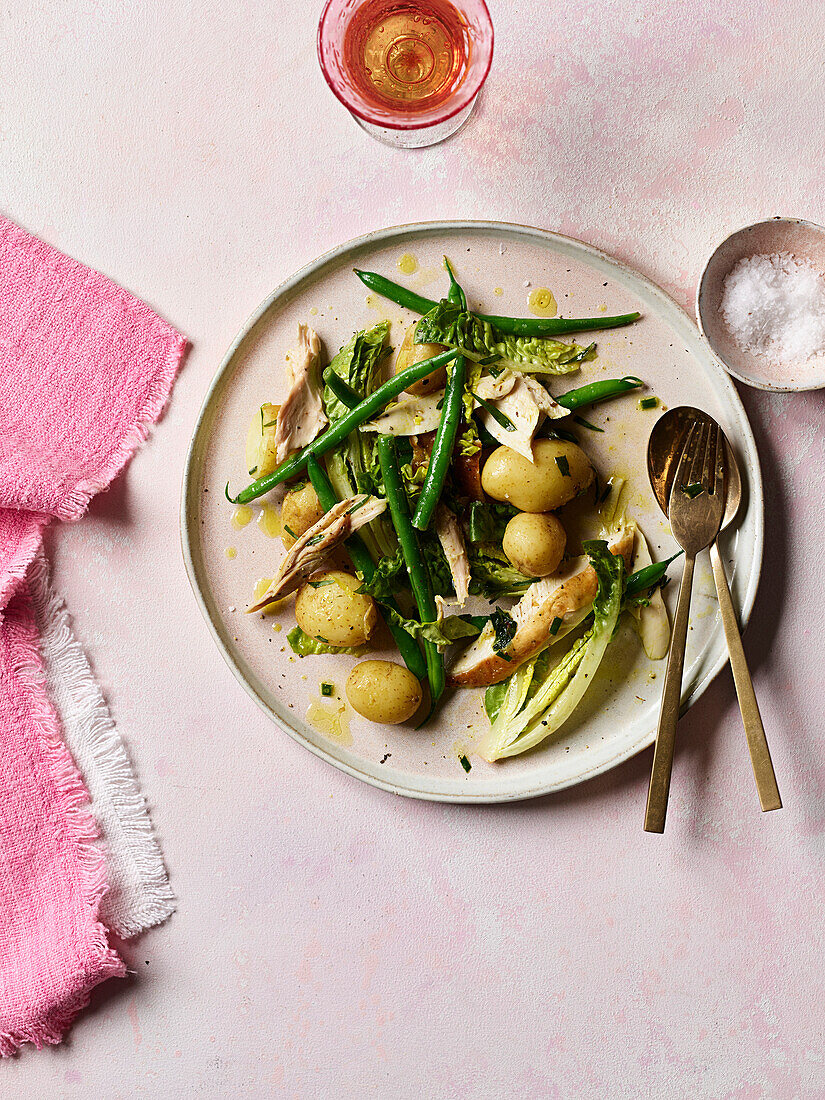 Roast chicken and potato salad with green beans