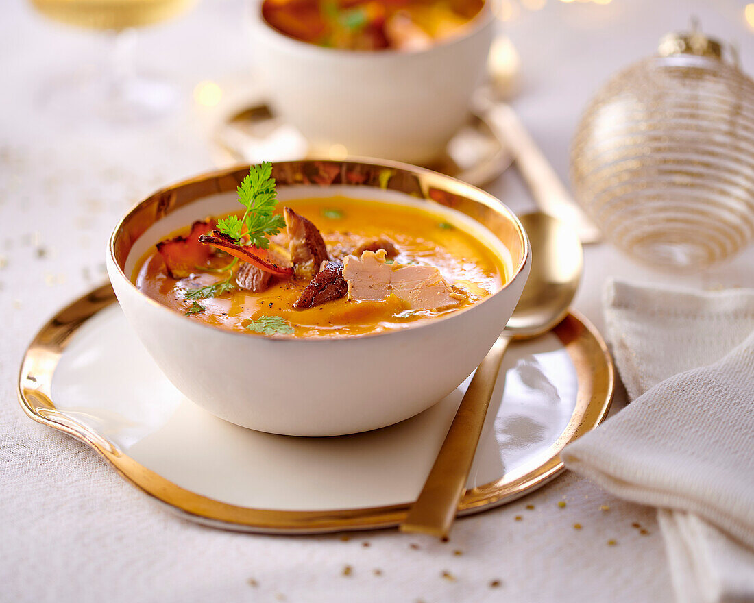 Pumpkin veloute with foie gras for Christmas